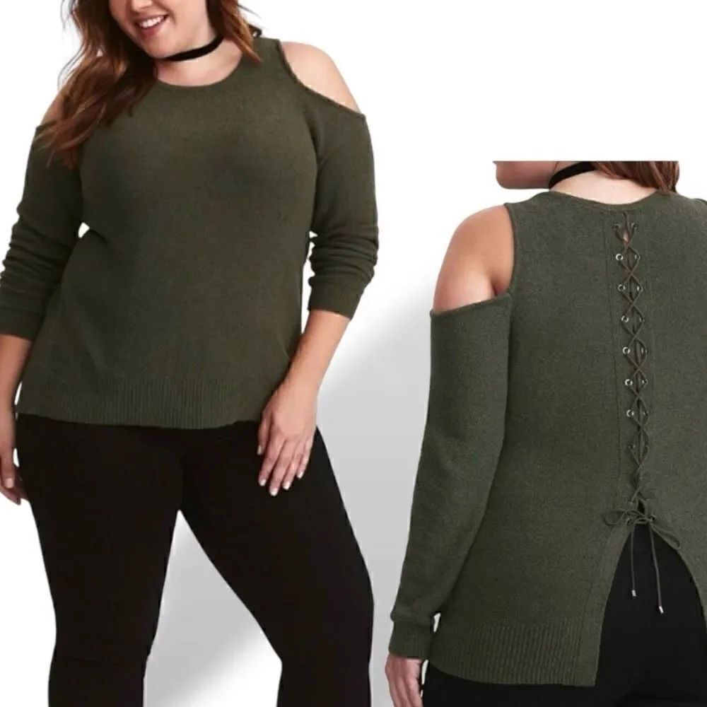 Torrid Olive Green Cold Shoulder Lace Up Long Sleeve Sweater Sz 2X